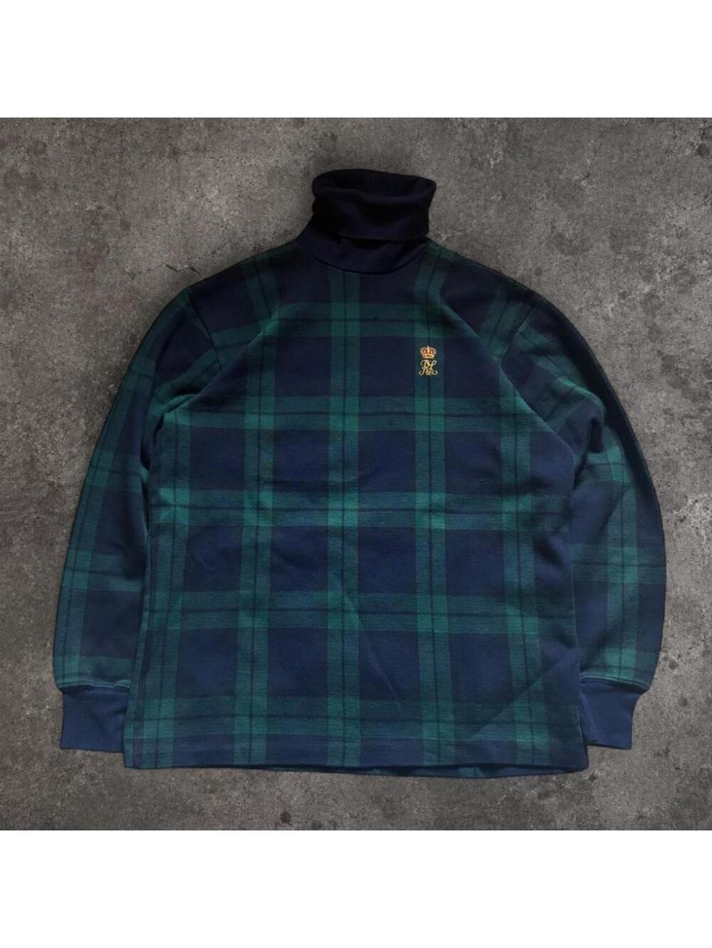 Beautiful Vintage Ralph Lauren green and navy plaid turtleneck sweater